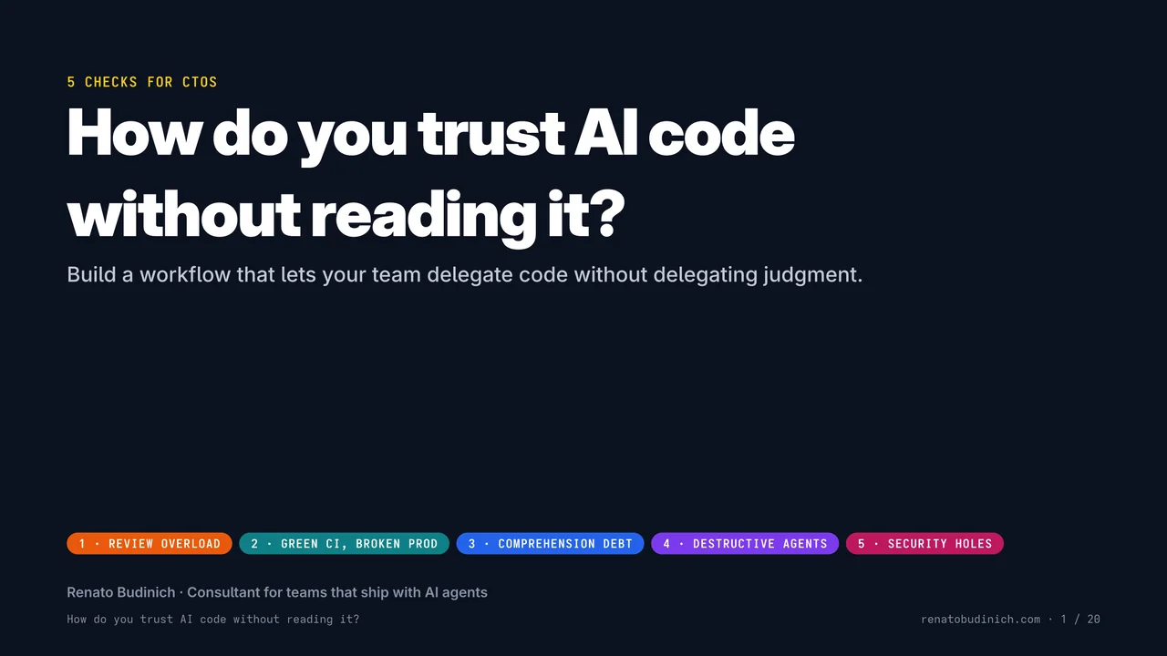 Cover of the guide: How do you trust AI code without reading it? Five checks for CTOs.